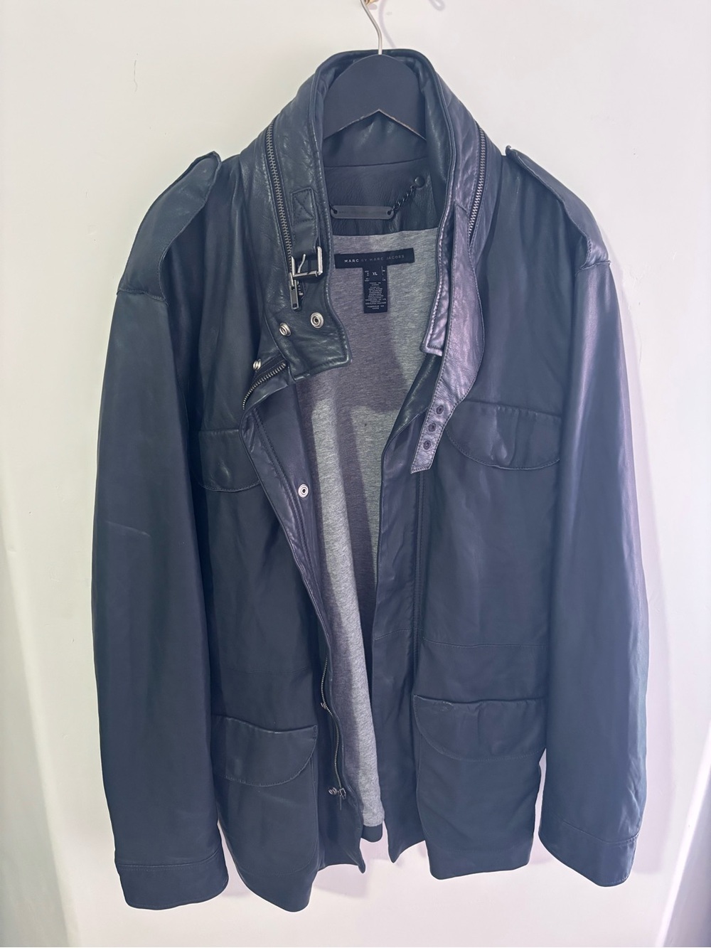 Vintage Marc by Marc Jacobs Black Leather Military Field Jacket with High Collar